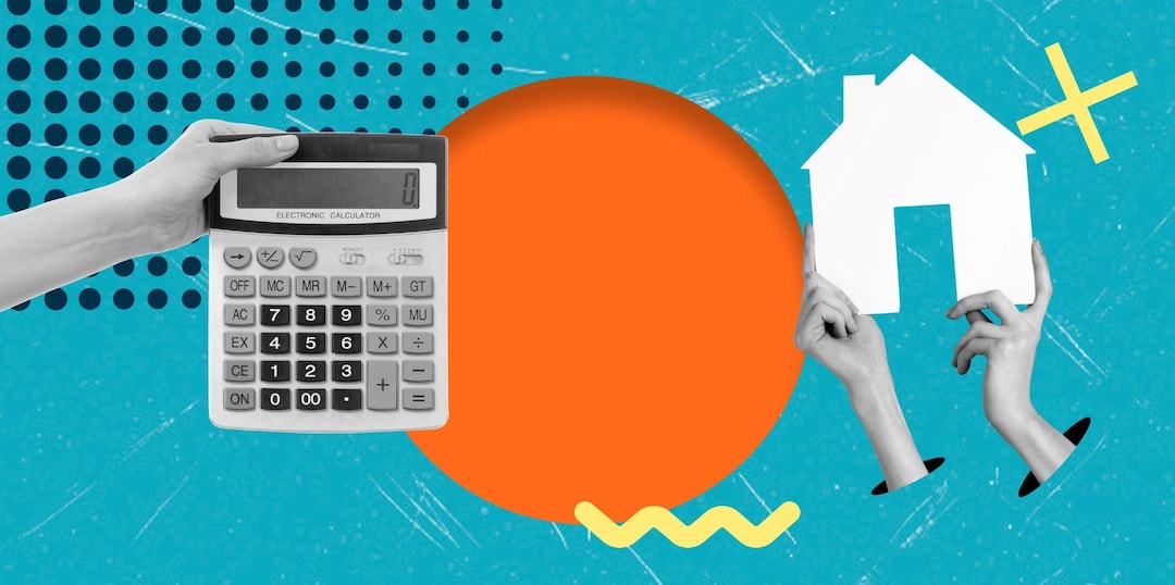Collage of a calculator, an orange circle and hands holding a paper house