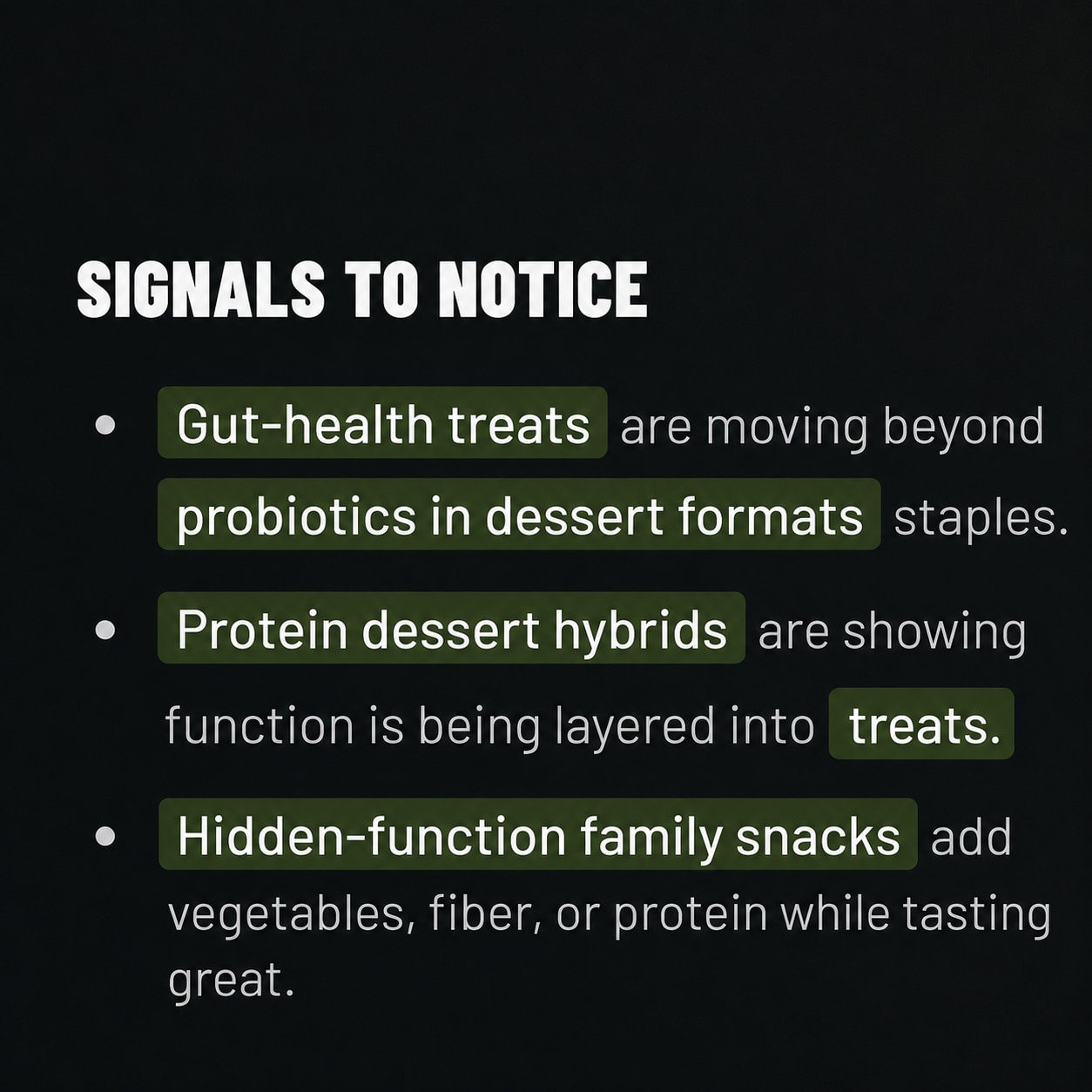 Emerging Signals report panel listing early signals to notice in a category