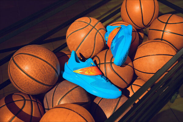 orange and blue basketball sneakers