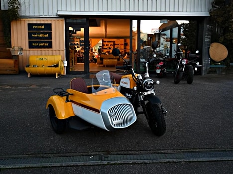 Retro Cityscape Sidecar Motorcycles