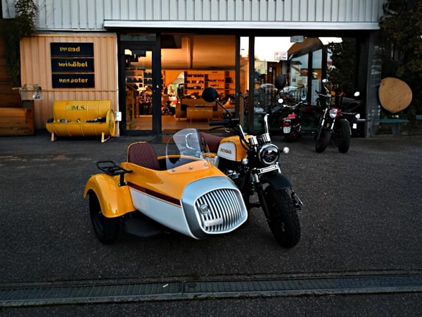 Retro Cityscape Sidecar Motorcycles