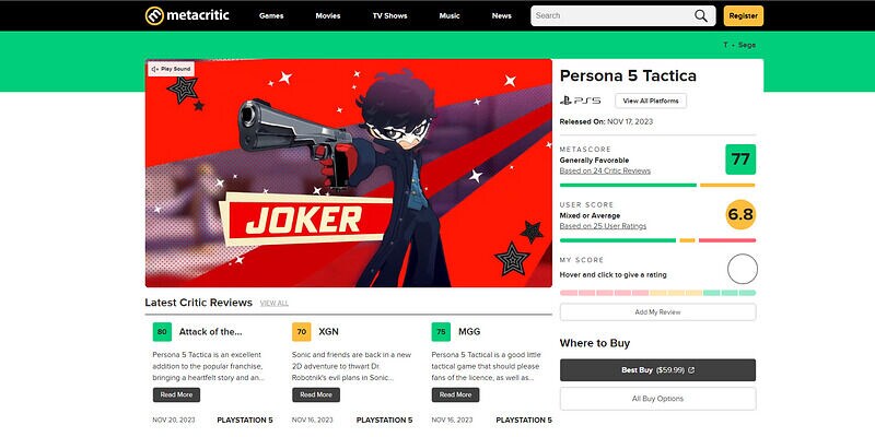 metacritic on X: Persona 5 Tactica reviews will start going up in