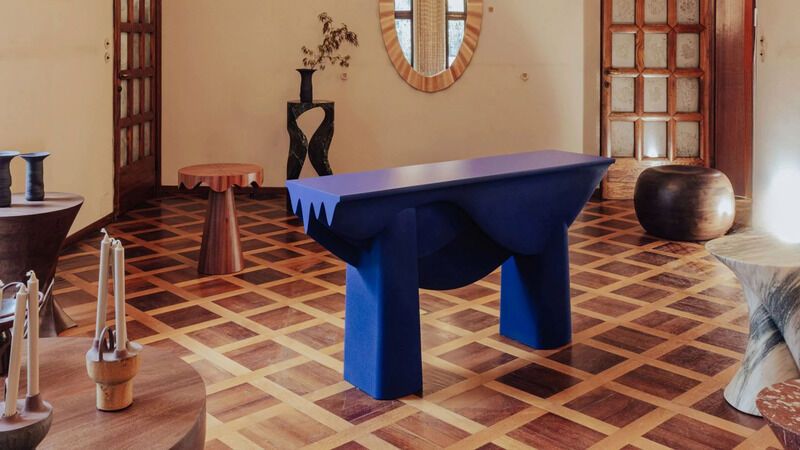 Bright Blue Wood-Grain Tables