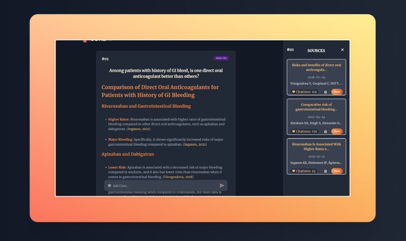 Cure AI - Cure AI is an artificial intelligence platform designed to support evidence-based research by simplifying the process of navigating large volumes o...