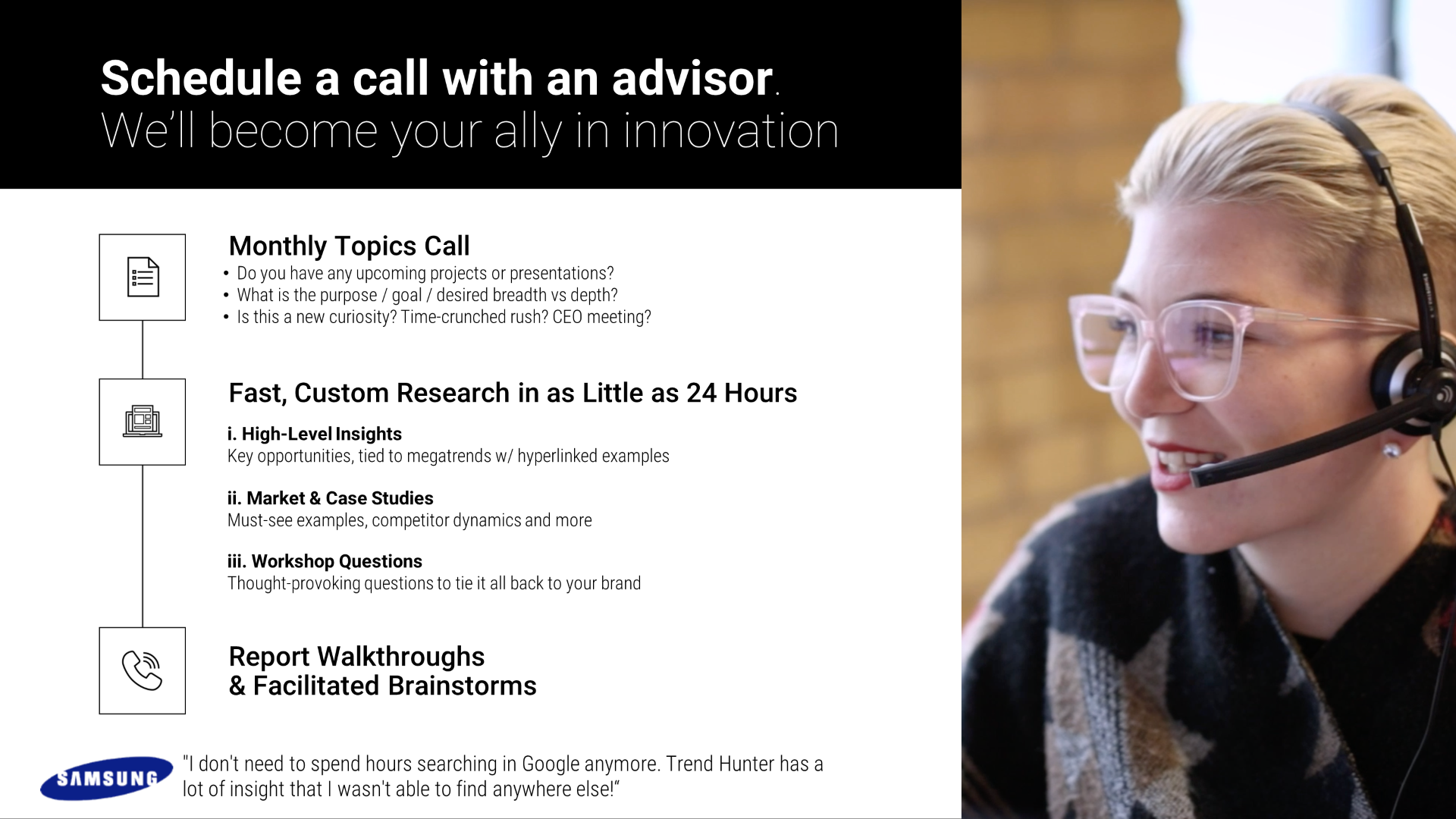 Image Slide: Schedule calls with your custom research advisory